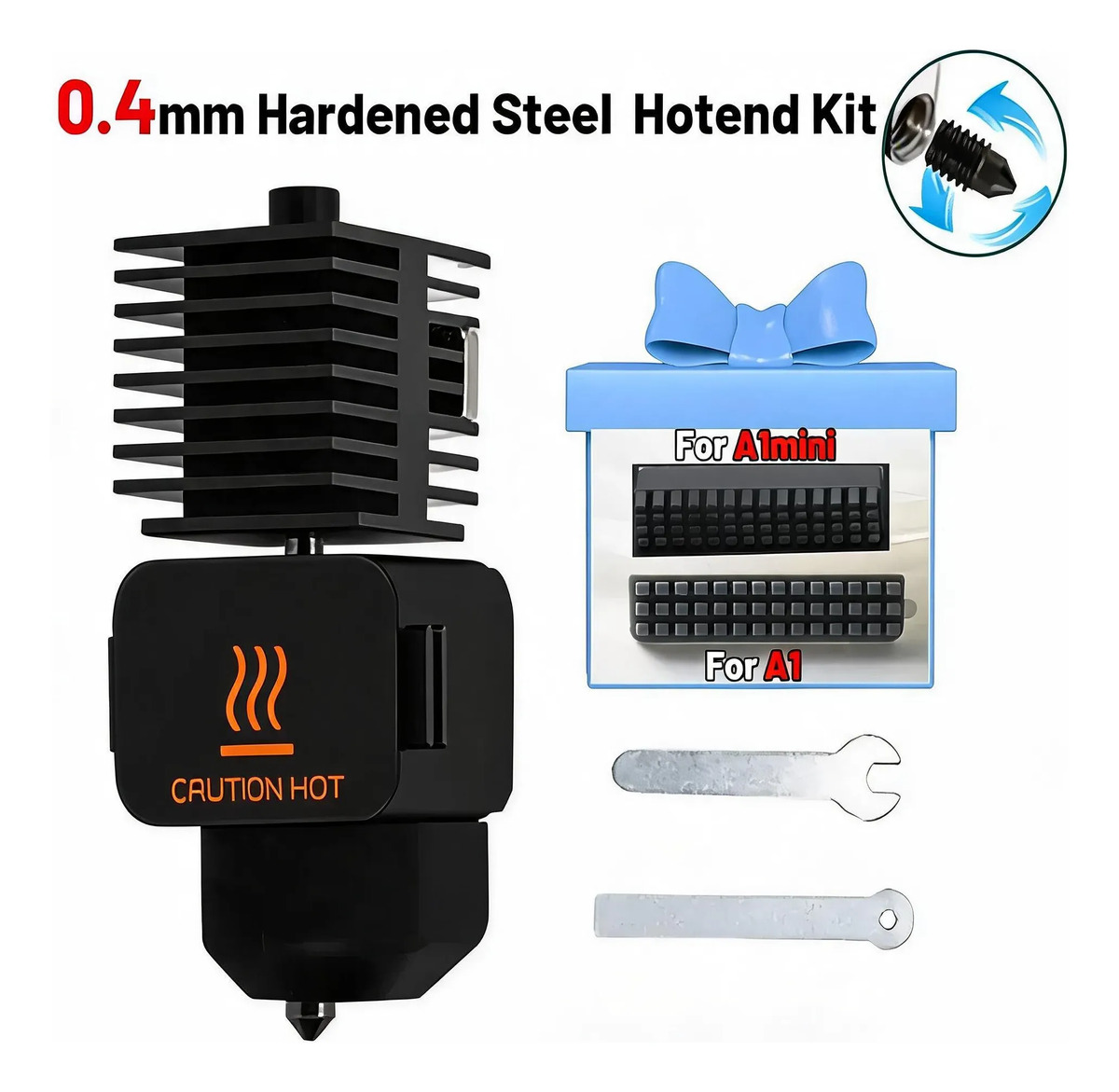 Hotend para Bambu Lab A1 y A1 Mini — boquilla 0.4 mm de acero endurecido con silicón y accesorios