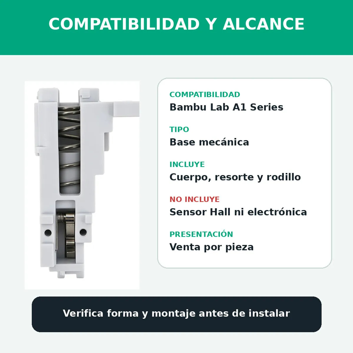 Base mecánica del sensor de filamento compatible con Bambu Lab A1 Series — cuerpo con resorte y rodillo, sin sensor Hall ni electrónica — vista 3